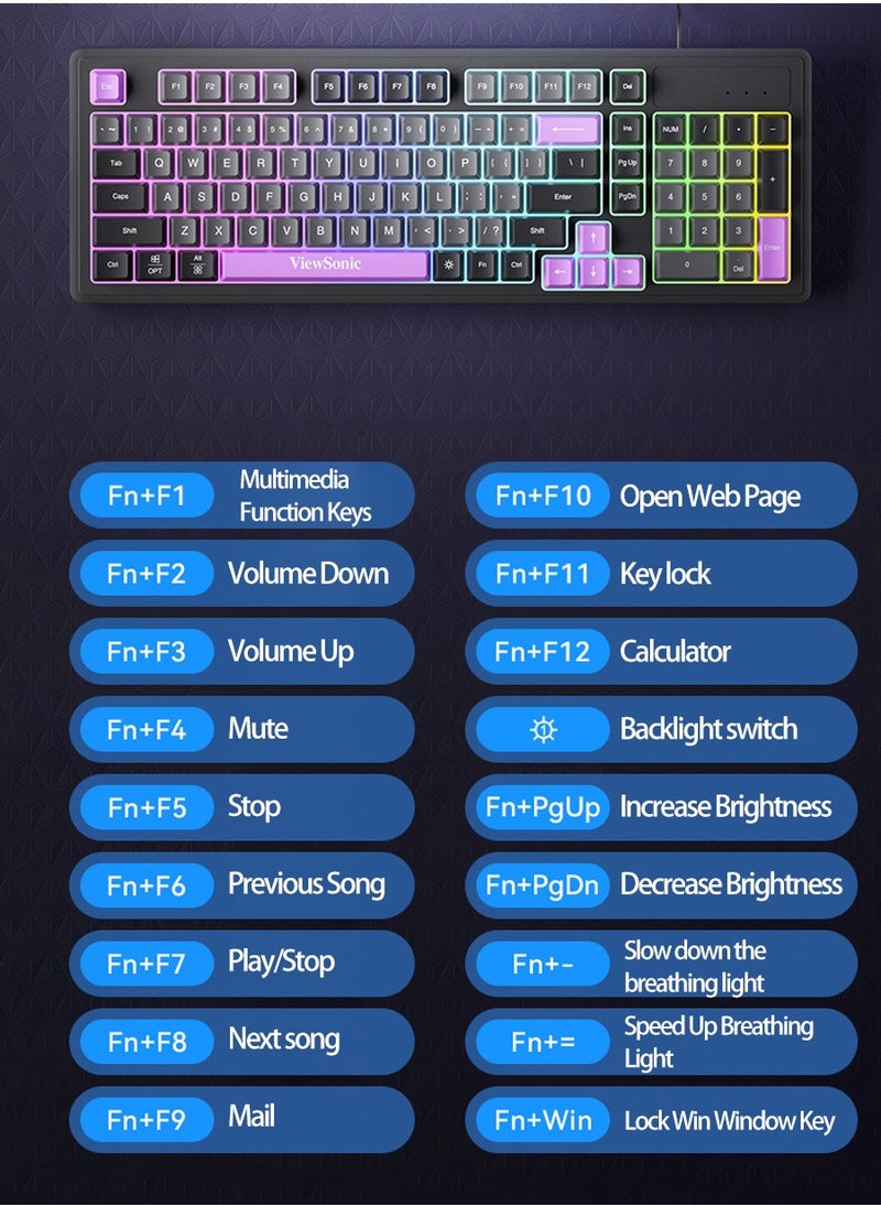ViewSonic VS - 98 Keys Wired Keyboard, Mechanical Feeling, RGB Light Effect, Desktop, Laptop USB Universal, Suitable for Gaming, Office Use - Image 1