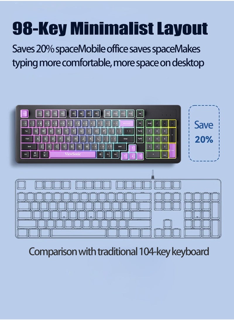 ViewSonic VS - 98 Keys Wired Keyboard, Mechanical Feeling, RGB Light Effect, Desktop, Laptop USB Universal, Suitable for Gaming, Office Use - Image 1