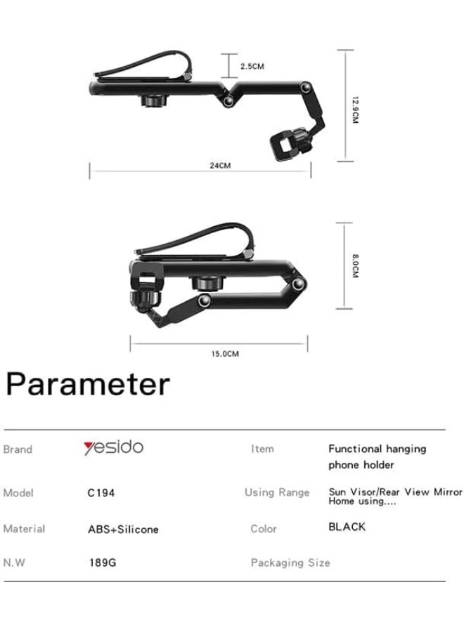 YESIDO C194 Car Phone Mount Sun Visor Phone Holder for Car Universal Clip 360 Degree Adjustable Cell phone Stand Rearview Mirror Cradle - Image 2