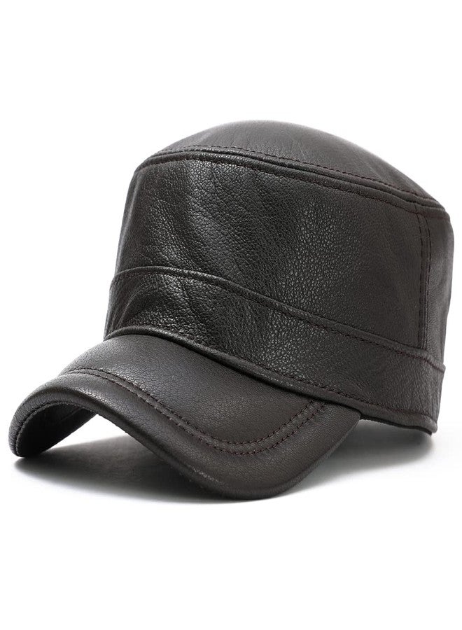 MALINRSSE Men Lambskin Leather Cadet Army Caps Military Caps Flat Top Cap (A-Brown) - Image 1