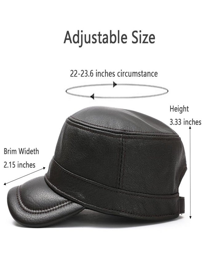 MALINRSSE Men Lambskin Leather Cadet Army Caps Military Caps Flat Top Cap (A-Brown) - Image 2