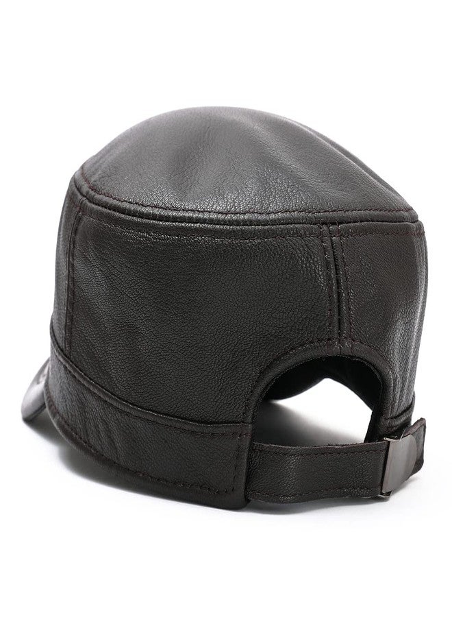MALINRSSE Men Lambskin Leather Cadet Army Caps Military Caps Flat Top Cap (A-Brown) - Image 4