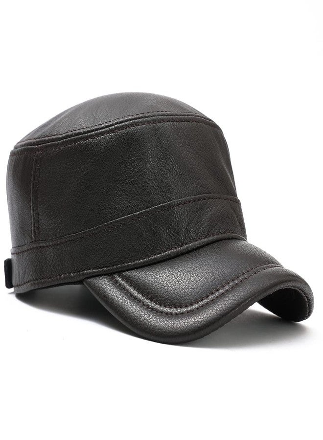 MALINRSSE Men Lambskin Leather Cadet Army Caps Military Caps Flat Top Cap (A-Brown) - Image 3