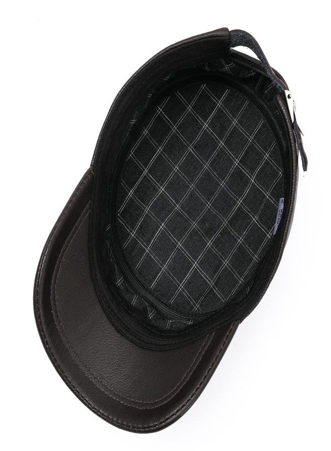MALINRSSE Men Lambskin Leather Cadet Army Caps Military Caps Flat Top Cap (A-Brown) - Image 5