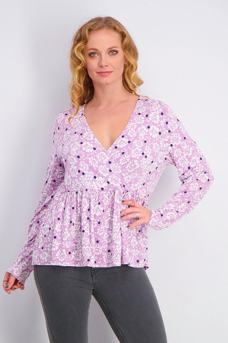 Fire & Glory Women Surplice Long Sleeve Floral Top, Multicolor - Image 1