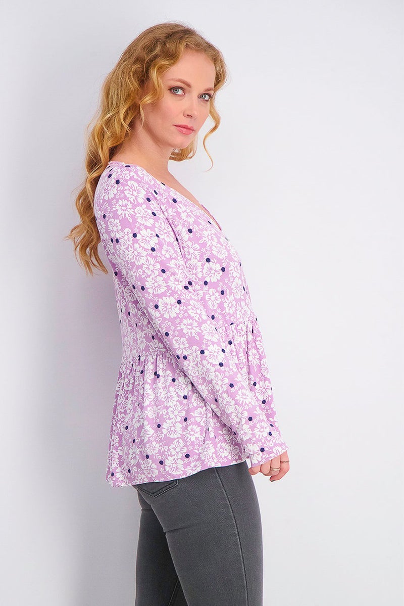 Fire & Glory بلوزة نسائية بأكمام طويلة مزينة بالزهور، متعددة الألوان - Image 2