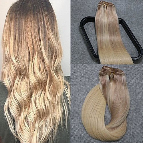 Aison Hair Extensions Clip in Double Weft Ombre Gloden Brown Bleach Blonde to Bleach Blonde Balayage Aison 7pcs 120g 16inch Human Hair - Image 3