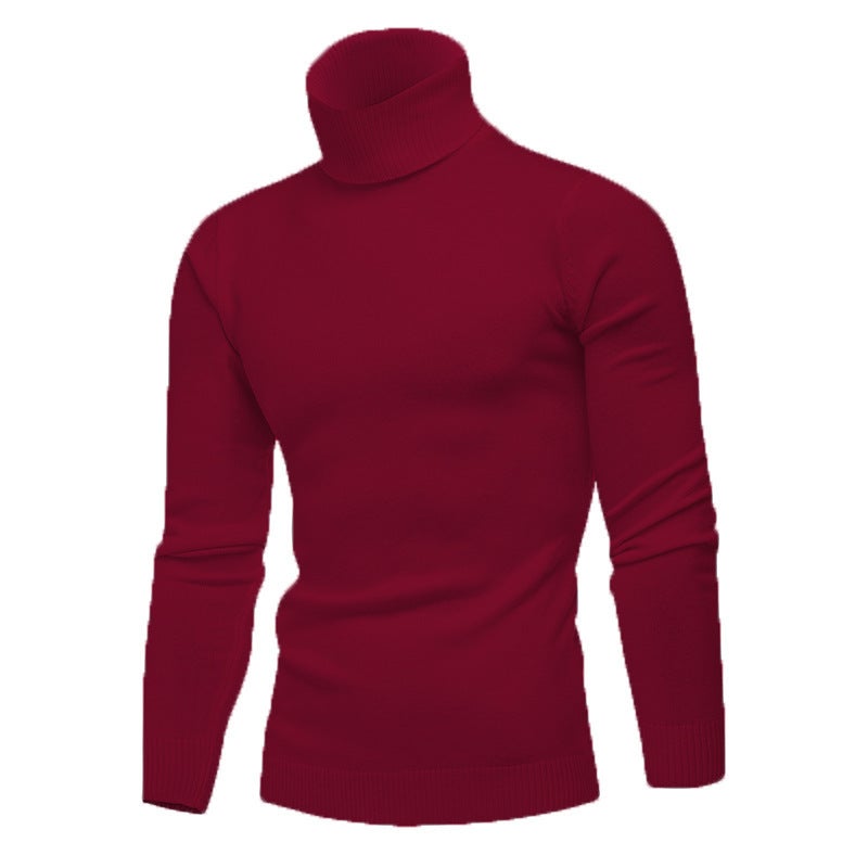 Mens Slim Fit Turtleneck Sweater Solid Color Pullover Wine red 