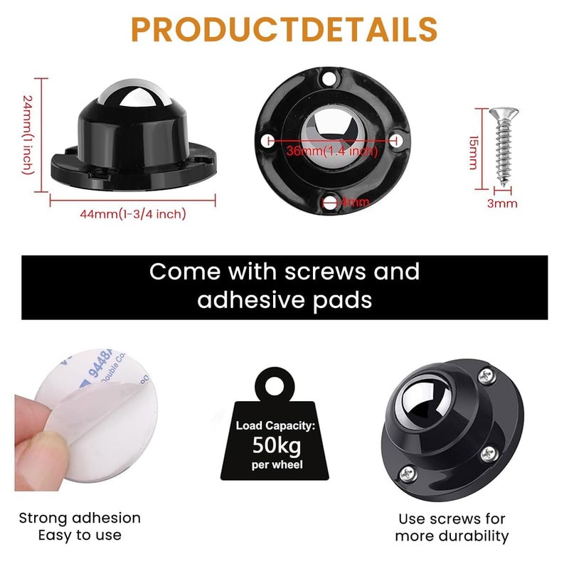 CESITRA 4pcs Caster Wheel Self Adhesive Caster Wheel 360 Swivel Wheels for Furniture Small Appliance DIY Modification Moving Table Heavy Duty Caster Wheels 200Kg Loading Capacity Black - Image 2