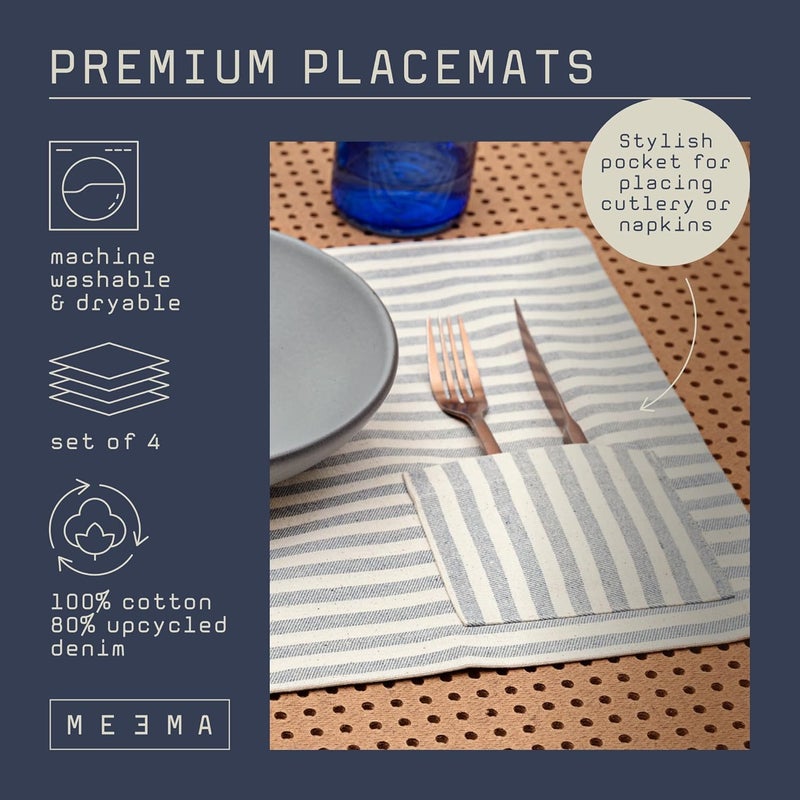 MEEMA MEEMA Cloth Placemats with Pockets  Set of 4  14 x 20 in  Recycled Denim and Cotton Farmhouse Striped Placemats  Washable for Dining Table Special Occasions  - Image 4