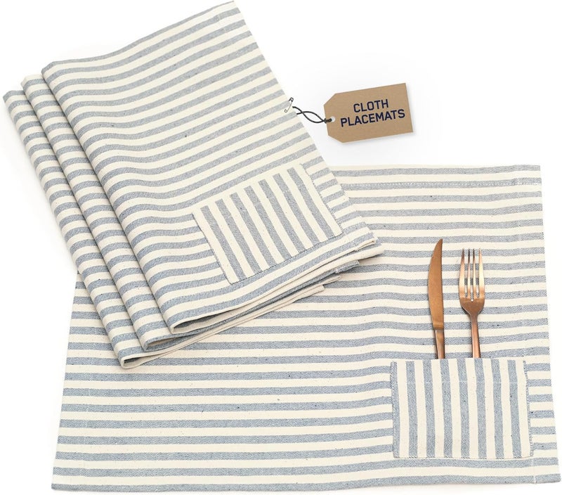 MEEMA MEEMA Cloth Placemats with Pockets  Set of 4  14 x 20 in  Recycled Denim and Cotton Farmhouse Striped Placemats  Washable for Dining Table Special Occasions  - Image 1