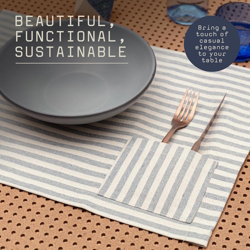 MEEMA MEEMA Cloth Placemats with Pockets  Set of 4  14 x 20 in  Recycled Denim and Cotton Farmhouse Striped Placemats  Washable for Dining Table Special Occasions  - Image 2