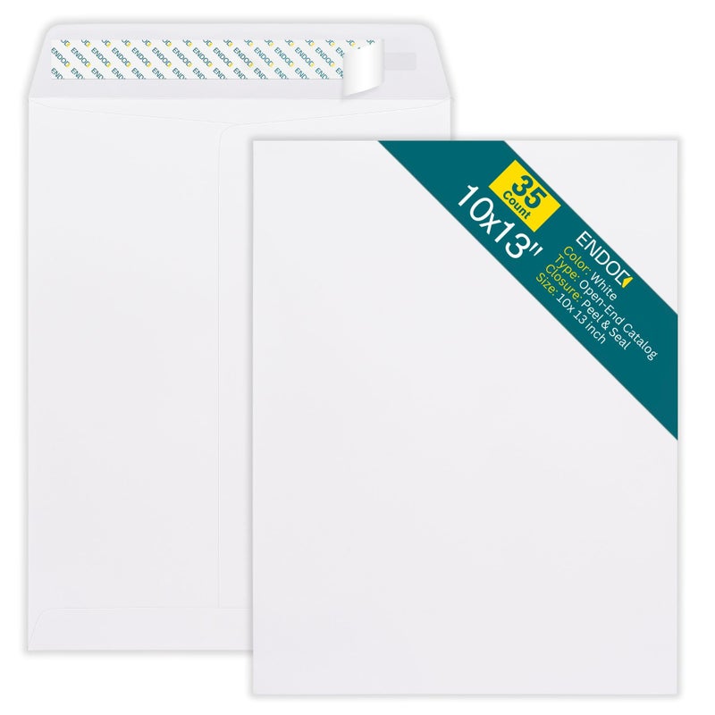 EnDoc 10x13 Envelopes Self Seal - 35 Pack - Open End White Mailing Envelopes for Catalogs, Presentations, Oversized Documents - Self Sealing Envelopes with Peel and Seal Closure - 28lb Heavyweight Paper - Image 1