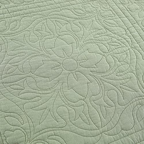 WINLIFE 100% Cotton Quilt Bedspread Sets Embroidered Floral Printed Coverlets American Pastoral Matelasse Bedspread, Matched 2 Pillow Shams, King, Green - Image 3