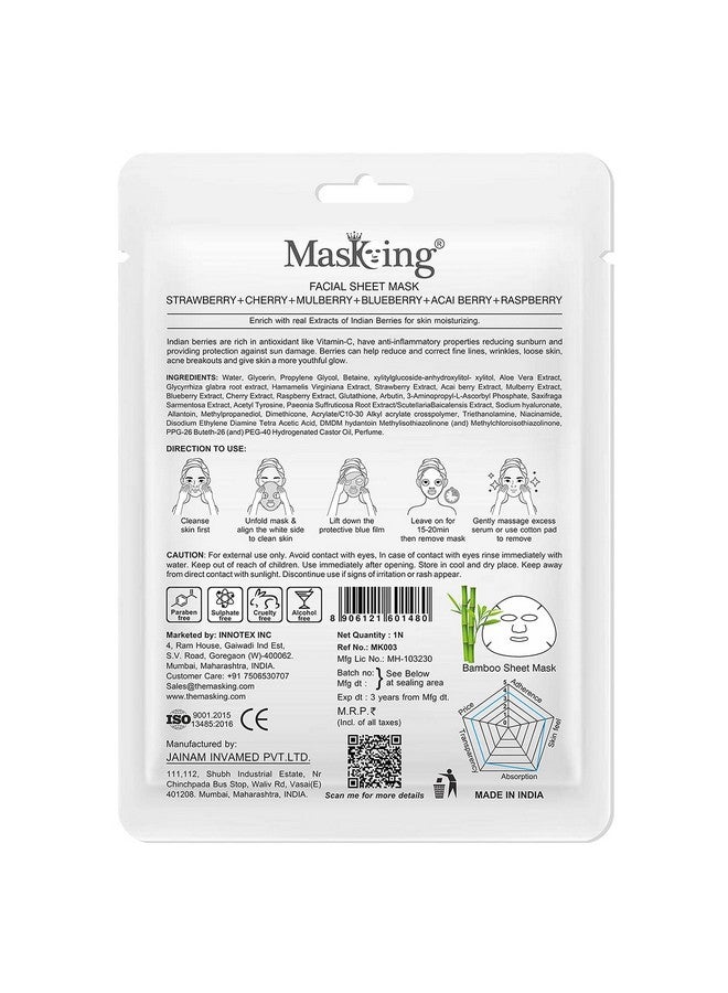 MasKing Bamboo Facial Sheet Mask of Strawberry, Cherry, Mulberry, Blueberry, Acai Berry & Raspberry for Skin Moisturizing Ideal for Women & Men 20ml, (Pack of 1) - Image 2