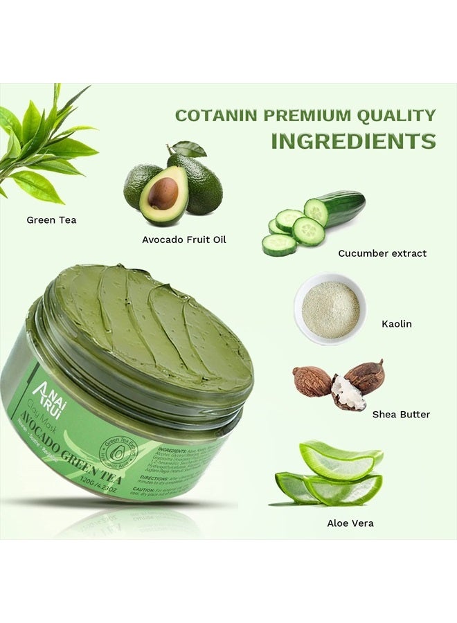 ANAI RUI Green Tea Face Mask with Avocado, Clay Facial Mask, Acne Detox Mask Skin Care, Deep Cleanse Mask, Hydrating, Nourishing, Soothing, 120g / 4.23 oz - Image 2