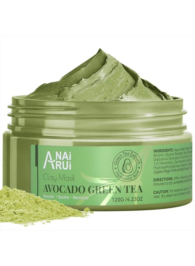 ANAI RUI Green Tea Face Mask with Avocado, Clay Facial Mask, Acne Detox Mask Skin Care, Deep Cleanse Mask, Hydrating, Nourishing, Soothing, 120g / 4.23 oz - Image 1