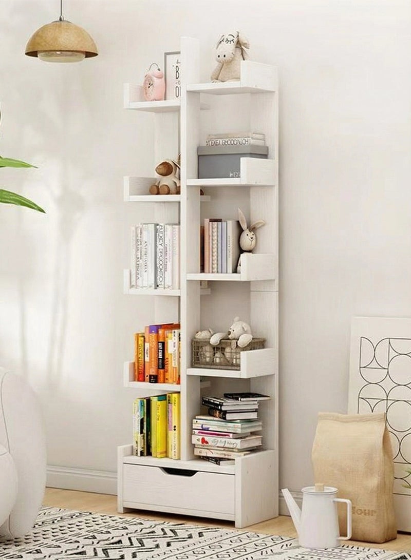 White Tree Shaped Floor Standing Bookcase, 10-Tier Freestanding Open Bookshelves, Wooden Storage Organizer for Books, Decor, Files & Display for Living Room, Bedroom, Study & Office - Image 2