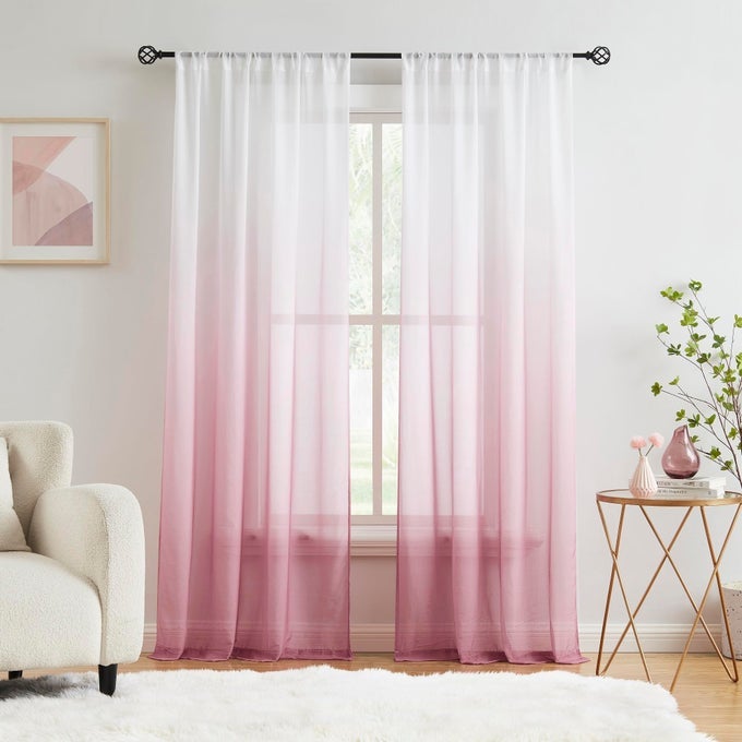 PINK OMBRE CHIFFON SHEER CURTAINS 90 INCH LONG FOR LIVING ROOM BEDROOM DECOR CRINKLE GRADIENT LIGHT FILTERING WINDOW CURTAIN DRAPES FOR GIRLS ROOM GARDEN YARD DECOR SET OF 2 PANELS ROD POCKET