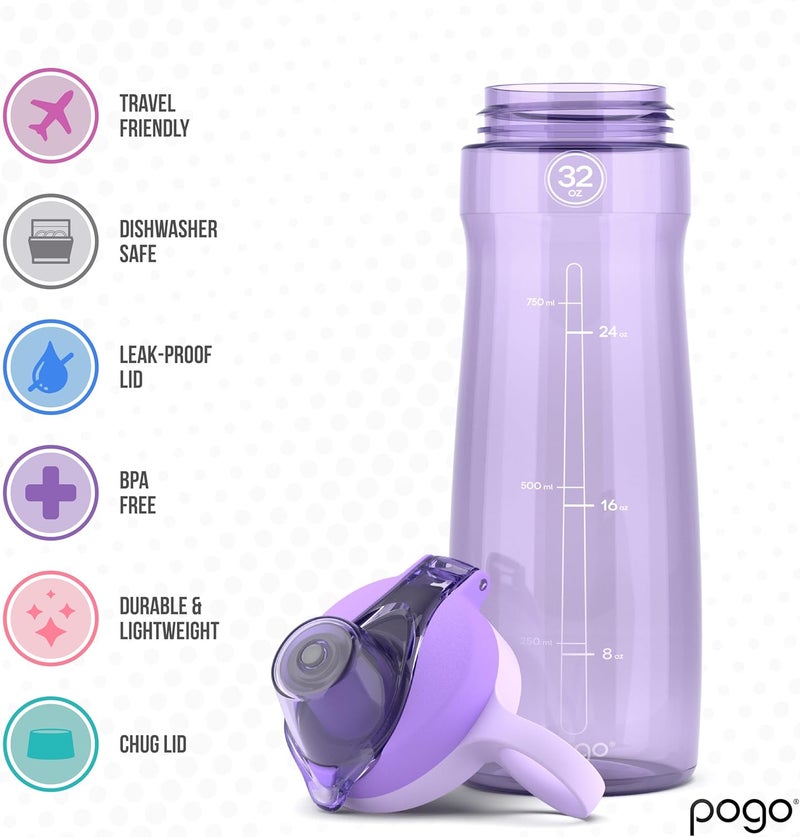 Pogo 32oz Plastic Water Bottle with Chug Lid and Carry Handle, Reusable, BPA Free, Dishwasher Safe, Perfect for Travel, School, Outdoors, and Gym, Lilac - Image 3