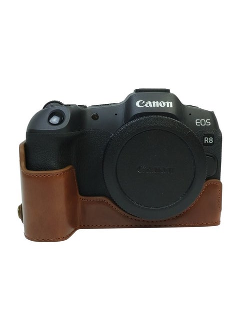 R8 Half Case, Handmade PU Leather Half Camera Case for Canon EOS R8 Camera protection case,Coffee