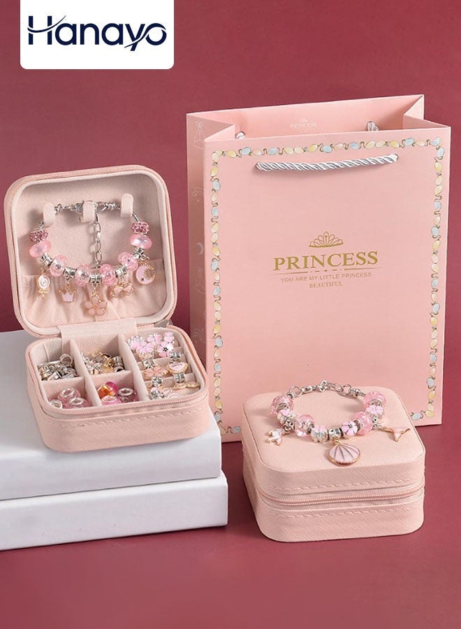 Hanayo 66 Pcs Charm Bracelet Kit Teen Girl Gifts Jewelry Making Kit with Jewellery Box Unicorn Mermaid DIY Jewelry Making Kit for Girls(Pink) - Image 1