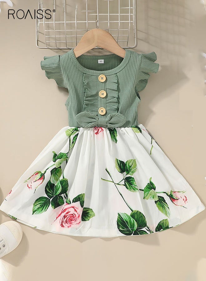 رويس فستان صيفي أنيق للبنات على شكل حرف A، فستان صيفي أنيق بأكمام مكشكشة بأزهار كشكش، فستان كاجوال ميدي صندي للبنات الصغيرات، مناسب للارتداء اليومي أو في أي مناسبة - Image 1