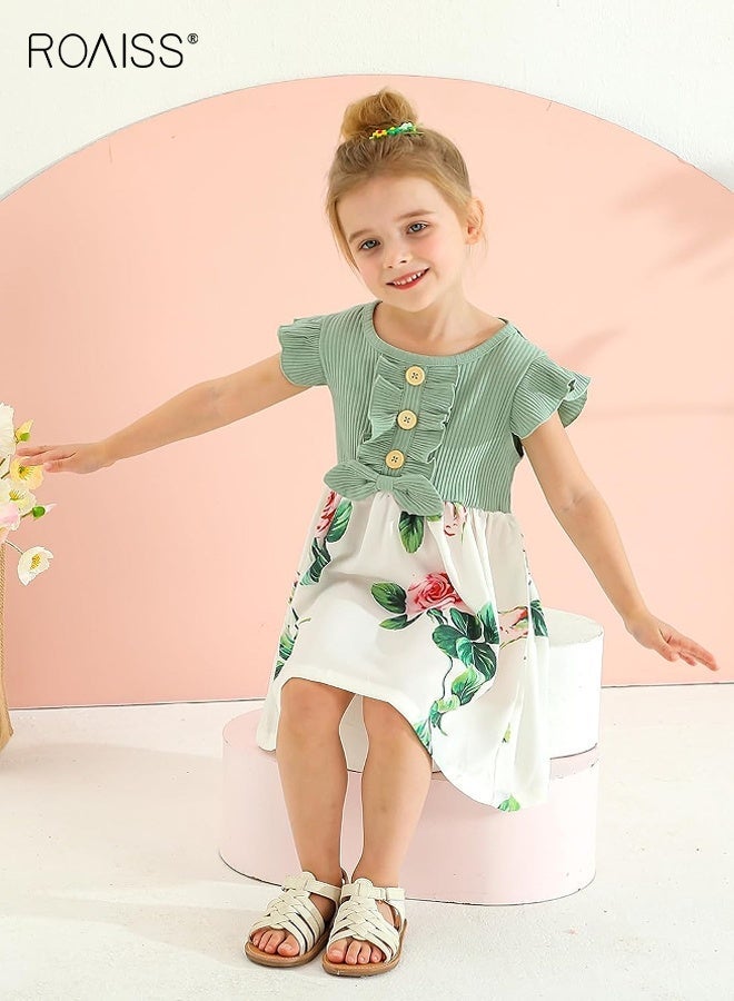 roaiss Girls Stylish Summer A-Line Dress, Floral Ruffle Sleeve Dresses, Casual Midi Sundress for Little Girls, Suit for Daily Wear or Any Occasion - Image 4