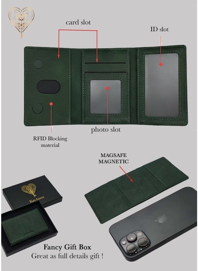 كيامور حامل بطاقات هاتف جلدي اخضر مغناطيسي مع حامل مقاوم للصدمات، جيب حامل بطاقات ثلاثي الطي قابل للفصل مغناطيسي متوافق مع محفظة MagSafe متوافق مع سلسلة iPhone 16/15/14/13/12 - Image 3