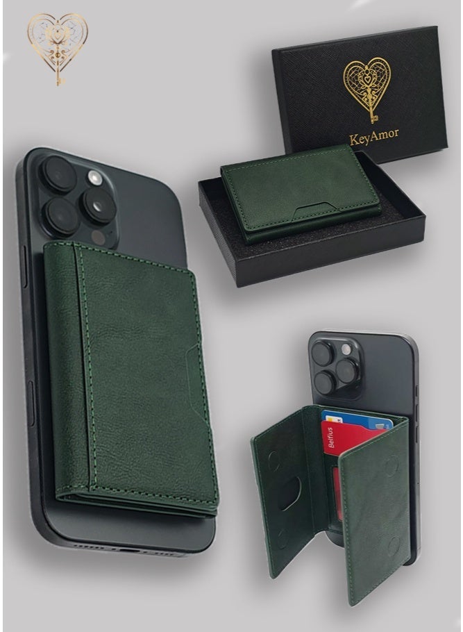 كيامور حامل بطاقات هاتف جلدي اخضر مغناطيسي مع حامل مقاوم للصدمات، جيب حامل بطاقات ثلاثي الطي قابل للفصل مغناطيسي متوافق مع محفظة MagSafe متوافق مع سلسلة iPhone 16/15/14/13/12 - Image 1