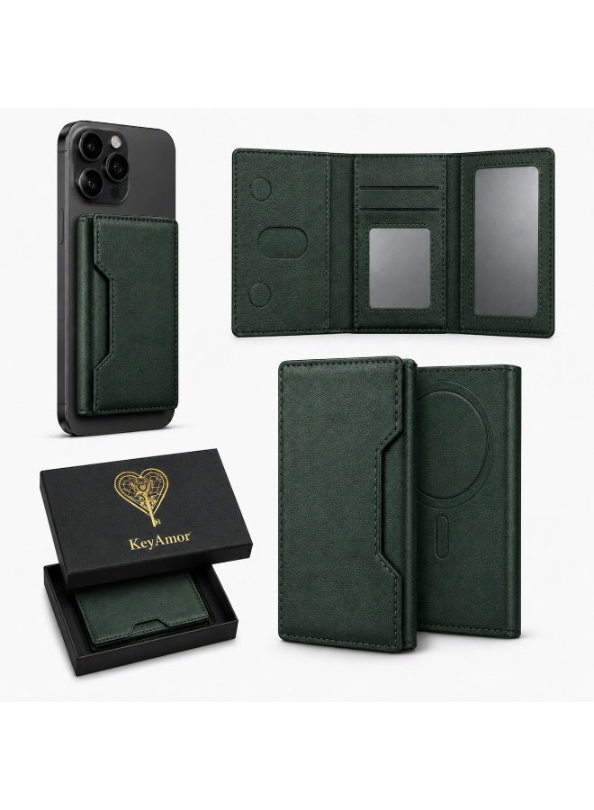 KeyAmor Magnetic green Leather Phone Wallet Card Holder with Shockproof Stand, Magnetic Detachable Trifold Wallet Card Holder Pocket Compatible with MagSafe Wallet Compatible with iPhone 16/15/14/13/12 series - Image 1