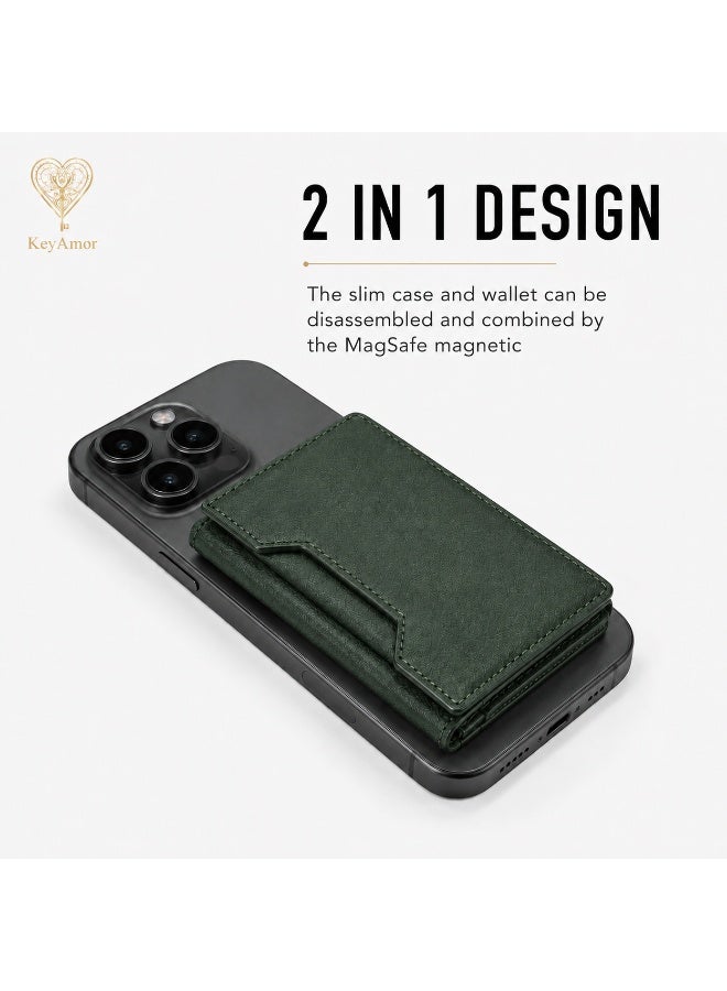 KeyAmor Magnetic green Leather Phone Wallet Card Holder with Shockproof Stand, Magnetic Detachable Trifold Wallet Card Holder Pocket Compatible with MagSafe Wallet Compatible with iPhone 16/15/14/13/12 series - Image 3