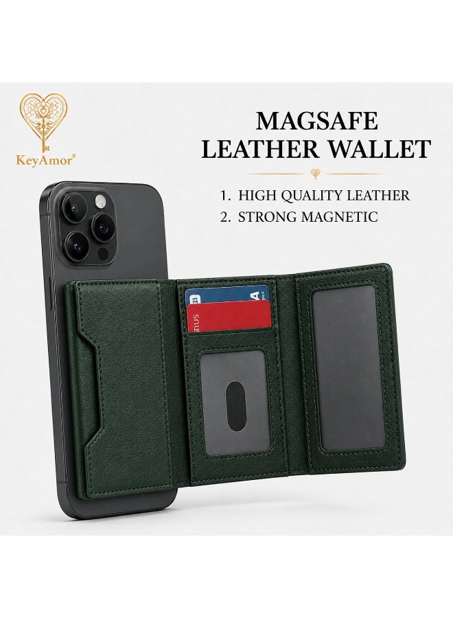 KeyAmor Magnetic green Leather Phone Wallet Card Holder with Shockproof Stand, Magnetic Detachable Trifold Wallet Card Holder Pocket Compatible with MagSafe Wallet Compatible with iPhone 16/15/14/13/12 series - Image 4
