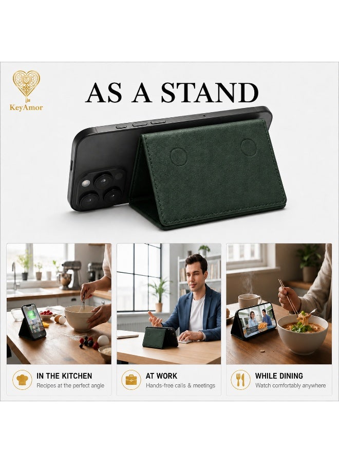 KeyAmor Magnetic green Leather Phone Wallet Card Holder with Shockproof Stand, Magnetic Detachable Trifold Wallet Card Holder Pocket Compatible with MagSafe Wallet Compatible with iPhone 16/15/14/13/12 series - Image 5