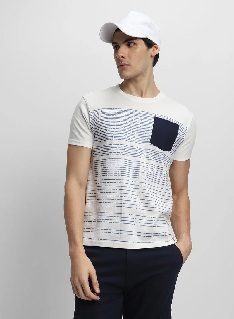 White Relaxed Fit Striped Crew Neck T-shirt for Men - 100% Cotton, Half Sleeves, Casual