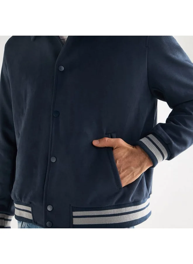 FAV Striped Collared Varsity Jacket with Long Sleeves and Button Closure