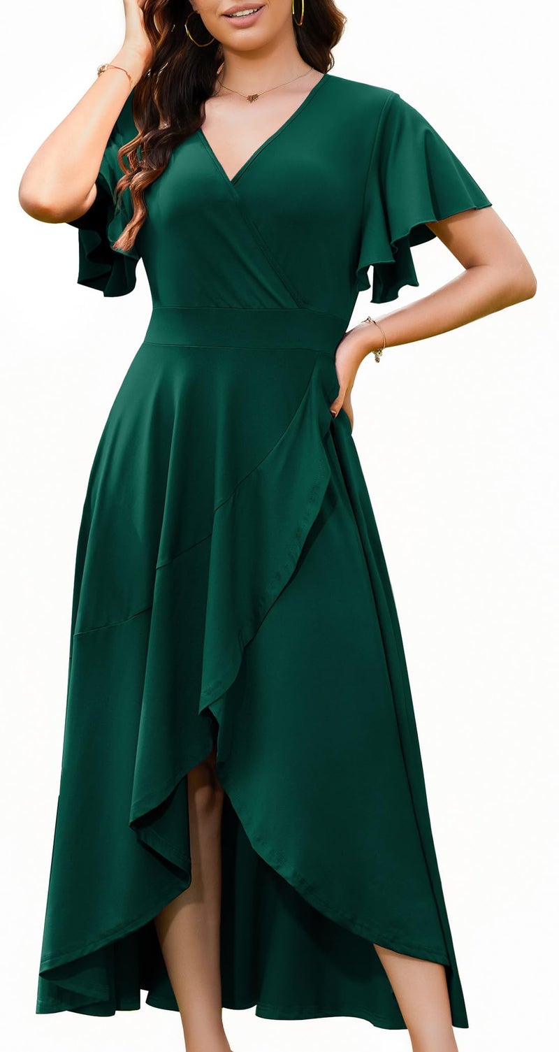 WEACZZY Wedding Guest Dresses V Neck Ruffle Sleeve Maxi Dresse for Women Party Dress Formal Dresses Gowns Evening Party Cocktail Dress,Dark Green,L - Image 1