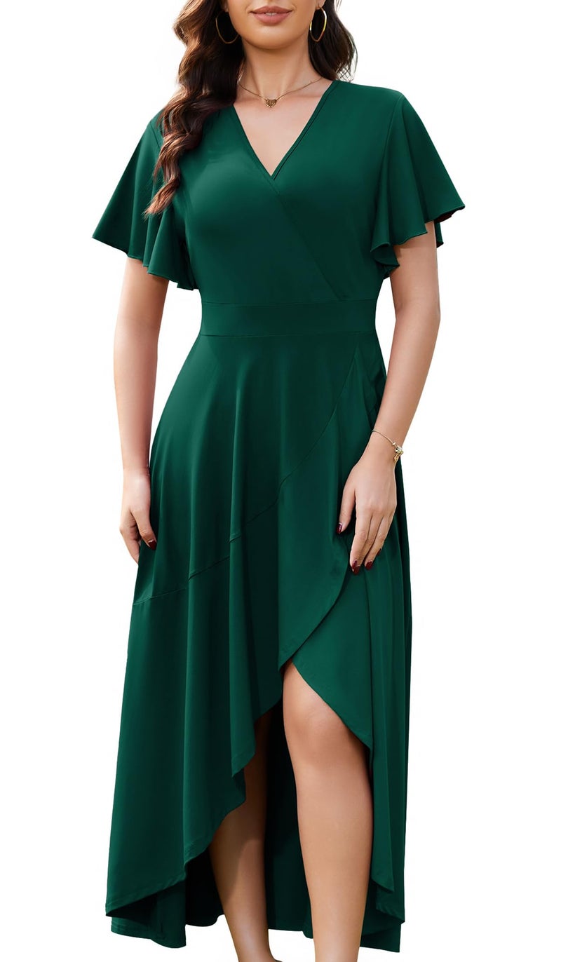 WEACZZY Wedding Guest Dresses V Neck Ruffle Sleeve Maxi Dresse for Women Party Dress Formal Dresses Gowns Evening Party Cocktail Dress,Dark Green,L - Image 2