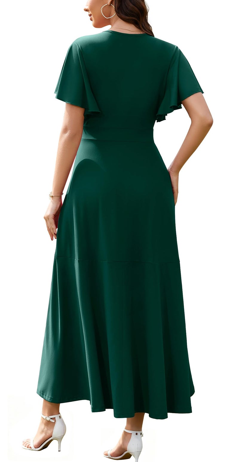 WEACZZY Wedding Guest Dresses V Neck Ruffle Sleeve Maxi Dresse for Women Party Dress Formal Dresses Gowns Evening Party Cocktail Dress,Dark Green,L - Image 4