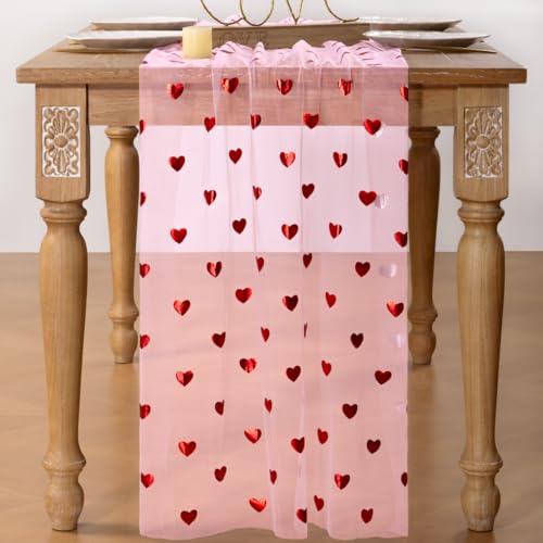 DeZerlor Pink Table Runner Heart Sequin Cheesecloth Gauze Sheer Table Runner Glitter Metallic Foil for Wedding Bridal Shower Party Decorations - Image 4