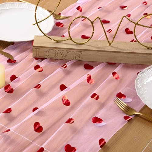 DeZerlor Pink Table Runner Heart Sequin Cheesecloth Gauze Sheer Table Runner Glitter Metallic Foil for Wedding Bridal Shower Party Decorations - Image 5