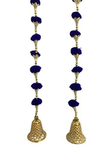 Aahum Handmade Wall Door Blue Color Pom Pom String with Golden Beads,Triangle Flowers Hanging Torans Garland Bandhwar Decoration Item for Home Décor Diwali Festival,Navratri,Wedding (5 FT 2 Strings) - Image 1