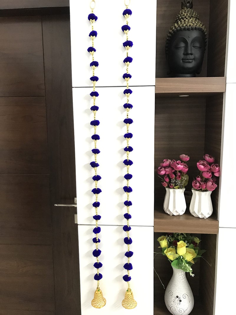 Aahum Handmade Wall Door Blue Color Pom Pom String with Golden Beads,Triangle Flowers Hanging Torans Garland Bandhwar Decoration Item for Home Décor Diwali Festival,Navratri,Wedding (5 FT 2 Strings) - Image 2