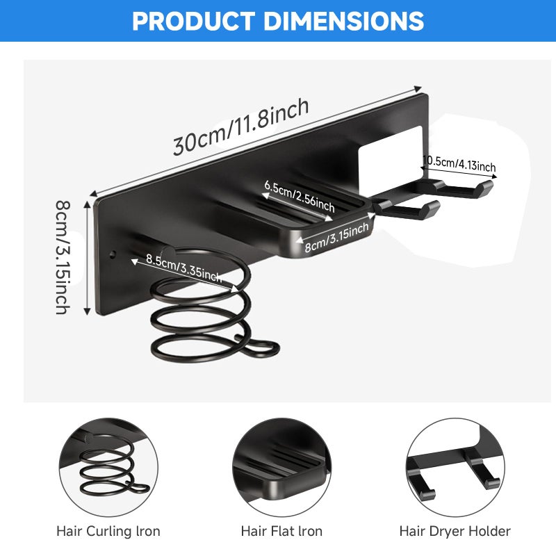 HOHOWU Hair Dryer Holder Wall Mounted,Blow Dryer, Curling Iron, Straightener Holder 3 in 1 Bathroom Metal Hair Tool Organizer Rack-BLACK-2 - Image 2