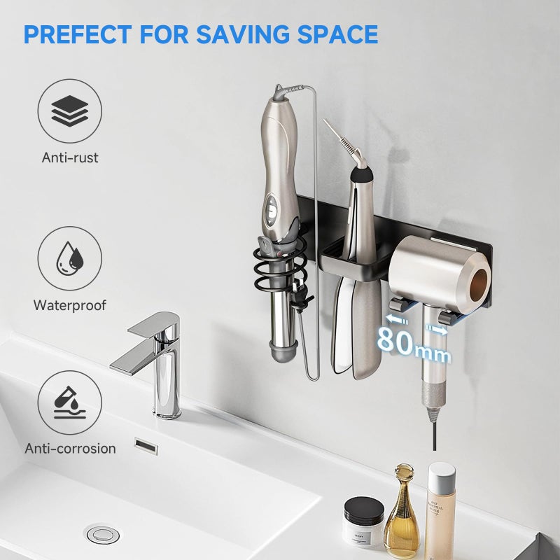 HOHOWU Hair Dryer Holder Wall Mounted,Blow Dryer, Curling Iron, Straightener Holder 3 in 1 Bathroom Metal Hair Tool Organizer Rack-BLACK-2 - Image 3