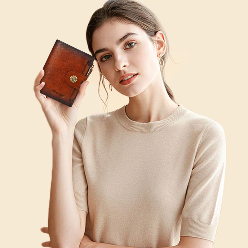 Blucoay Wallet Women,RFID Blocking Leather Womens Wallet Bifold Compact Card Holder Small Wallet for Women with Removable ID Window Brown - Image 2