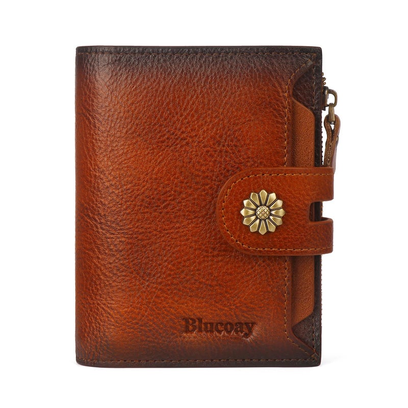 Blucoay Wallet Women,RFID Blocking Leather Womens Wallet Bifold Compact Card Holder Small Wallet for Women with Removable ID Window Brown - Image 1