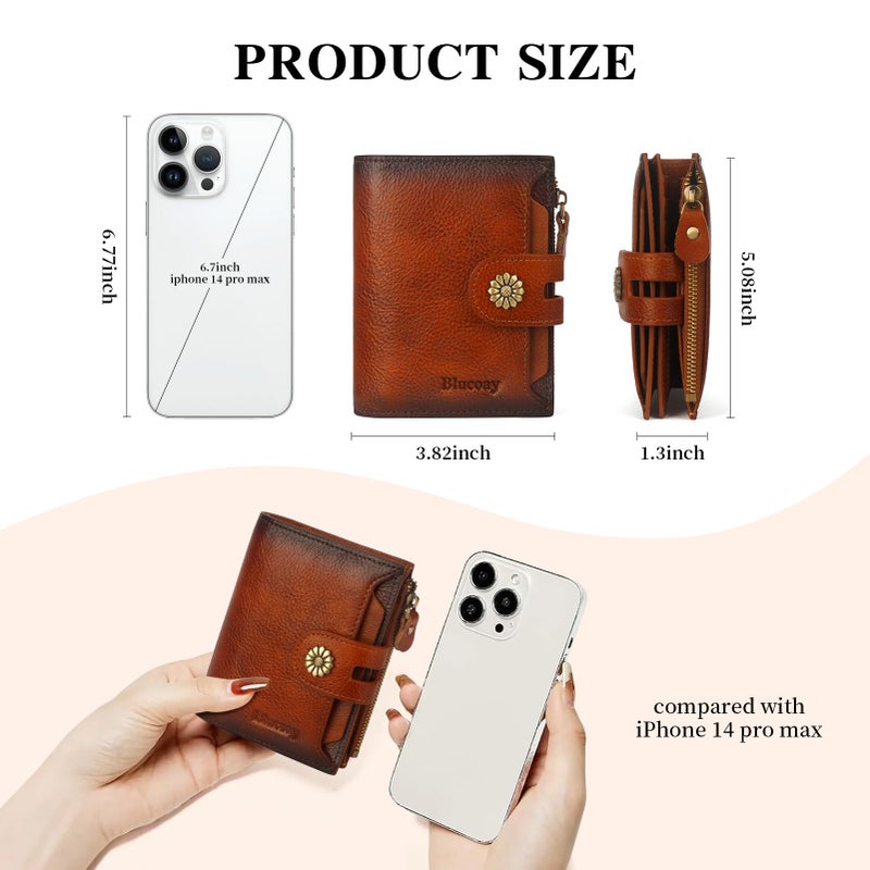 Blucoay Wallet Women,RFID Blocking Leather Womens Wallet Bifold Compact Card Holder Small Wallet for Women with Removable ID Window Brown - Image 4