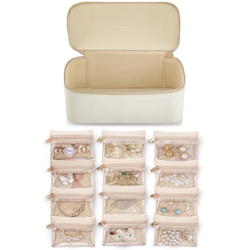 VLANDO Jewelry Travel CaseGift for WomenTravel Jewelry Organizer with Clear Velvet Jewelry Bags Zipper Pouch for Women Girl Gift12Pcs White - Image 1