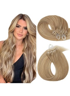 Hairro Loop Ring Human Hair Extensions Micro Link Beads Hair Balayage Highlights Keratin I Tip Pre Bonded Weft Virgin Hair 22 inch 50g 100 Strands 12P613 Golden Brown mix Bleach Blonde